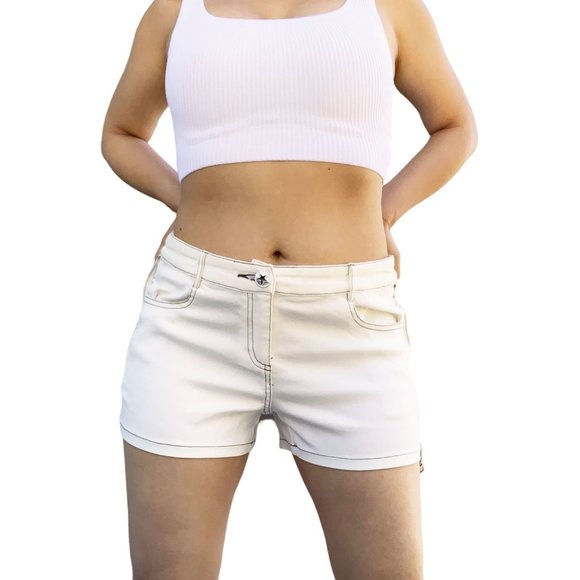 90s Off White Denim Skort Skirt Short Side Zippers Crochet Lace Trim Pockets M - Picture 2 of 8